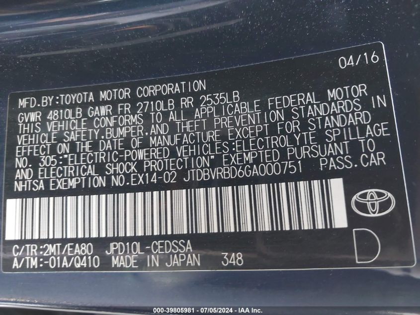 2016 Toyota Mirai VIN: JTDBVRBD6GA000751 Lot: 39805981