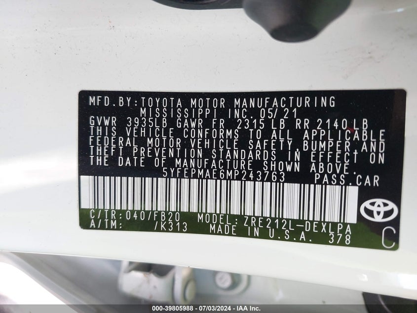 2021 TOYOTA COROLLA LE - 5YFEPMAE6MP243763