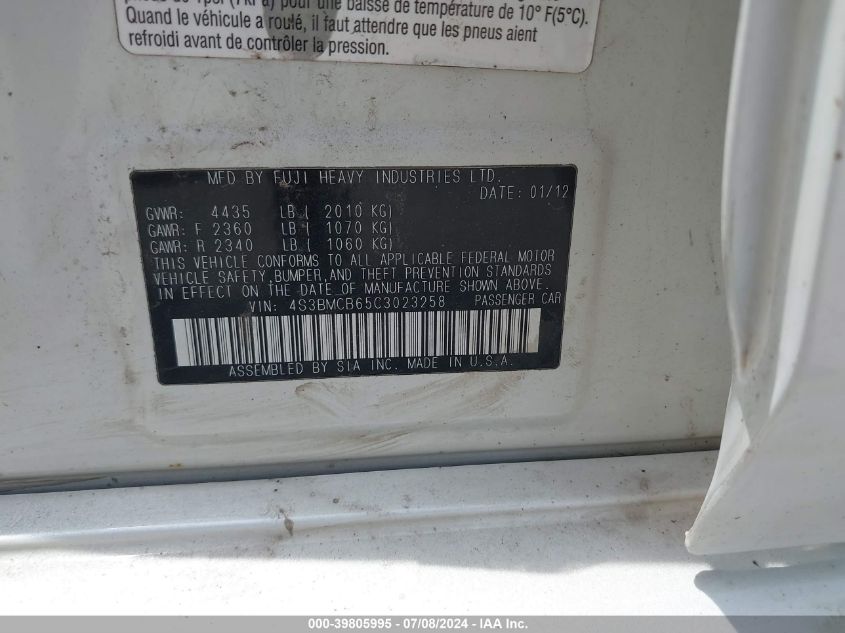 2012 Subaru Legacy 2.5I Premium VIN: 4S3BMCB65C3023258 Lot: 39805995