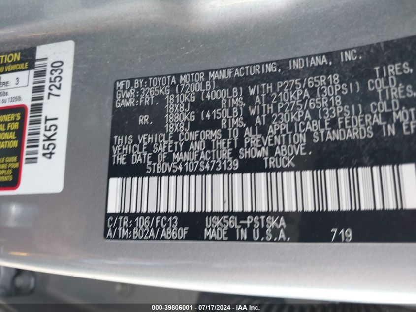 5TBDV54107S473139 2007 Toyota Tundra Sr5 5.7L V8