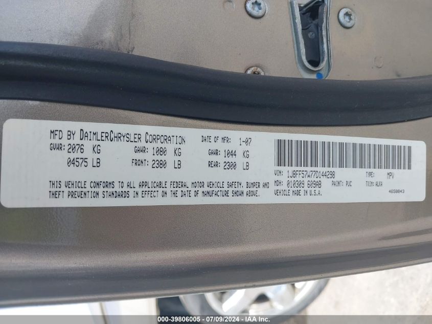 2007 Jeep Compass Limited VIN: 1J8FF57W77D144298 Lot: 39806005