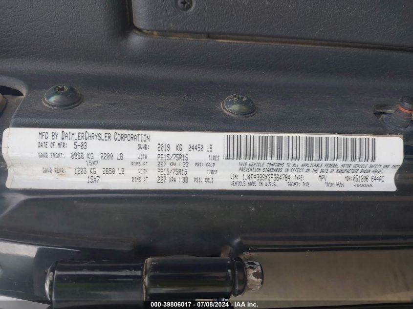 2003 Jeep Wrangler X VIN: 1J4FA39SX3P364784 Lot: 39806017