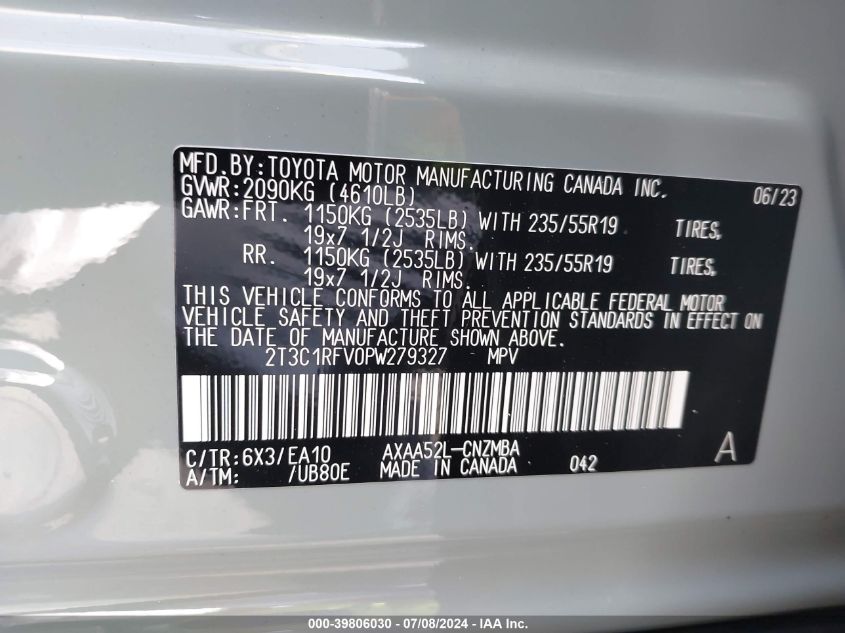 2023 Toyota Rav4 Xle Premium VIN: 2T3C1RFV0PW279327 Lot: 39806030