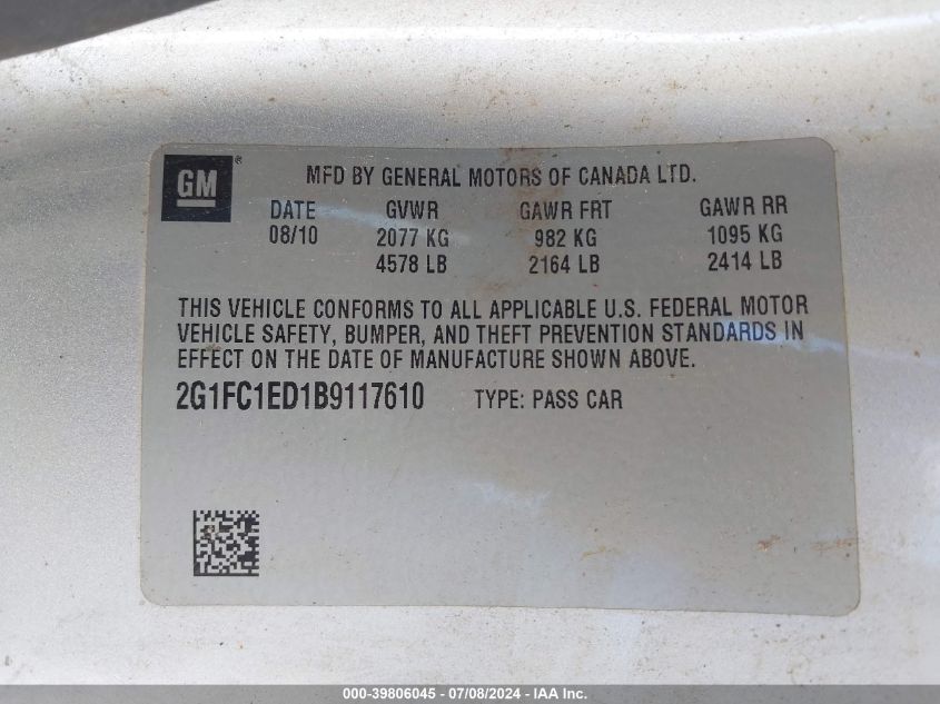 2011 Chevrolet Camaro Lt VIN: 2G1FC1ED1B9117610 Lot: 39806045