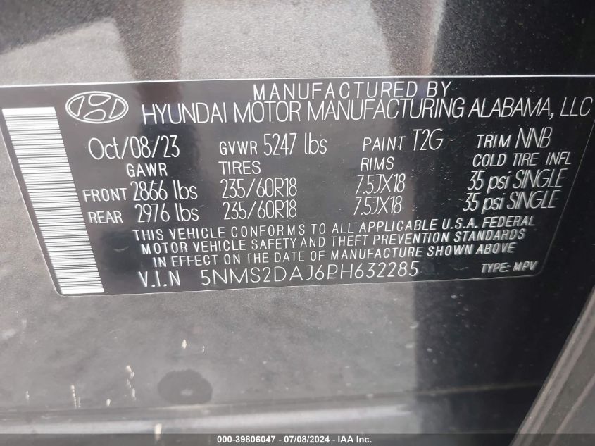 2023 Hyundai Santa Fe Sel VIN: 5NMS2DAJ6PH632285 Lot: 39806047