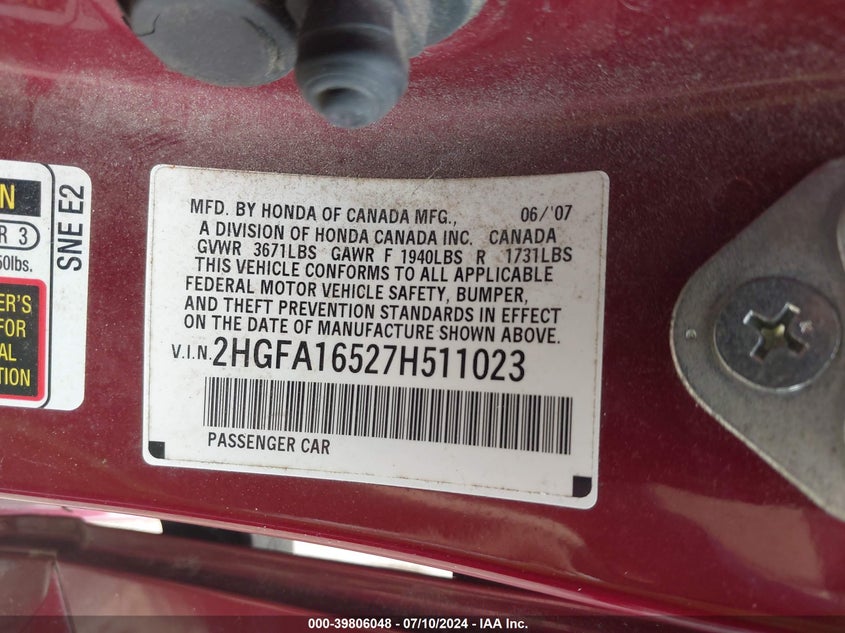 2007 Honda Civic Lx VIN: 2HGFA16527H511023 Lot: 39806048