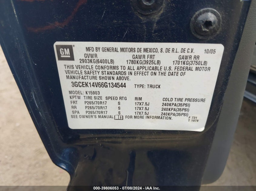 2006 Chevrolet Silverado 1500 Work Truck VIN: 3GCEK14V66G134544 Lot: 39806053