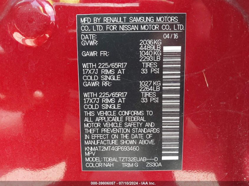 KNMAT2MT4GP693460 2016 Nissan Rogue Sv