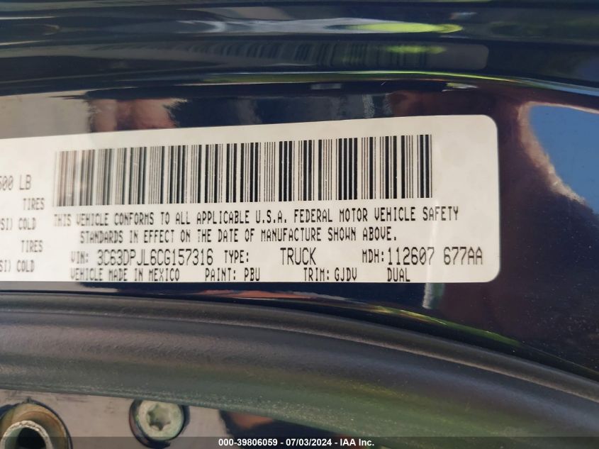 2012 Ram 3500 Laramie VIN: 3C63DPJL6CG157316 Lot: 39806059