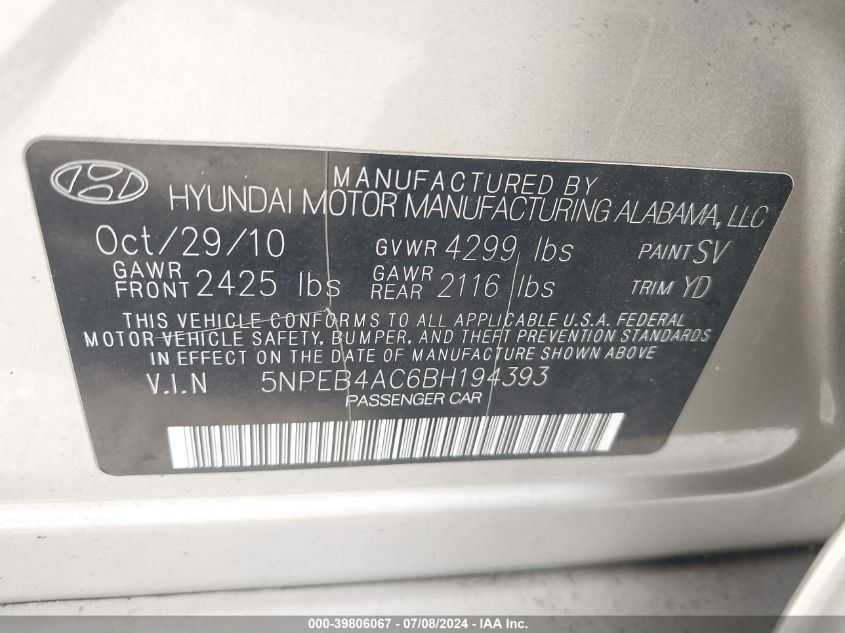 2011 Hyundai Sonata Gls VIN: 5NPEB4AC6BH194393 Lot: 39806067