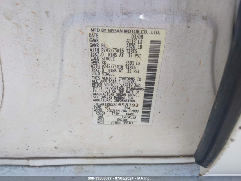 2008 Nissan Pathfinder S VIN: 5N1AR18BX8C658193 Lot: 39806077