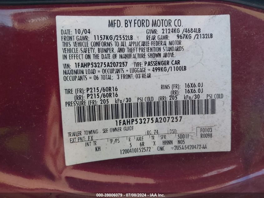 1FAHP53275A207257 2005 Ford Taurus Se