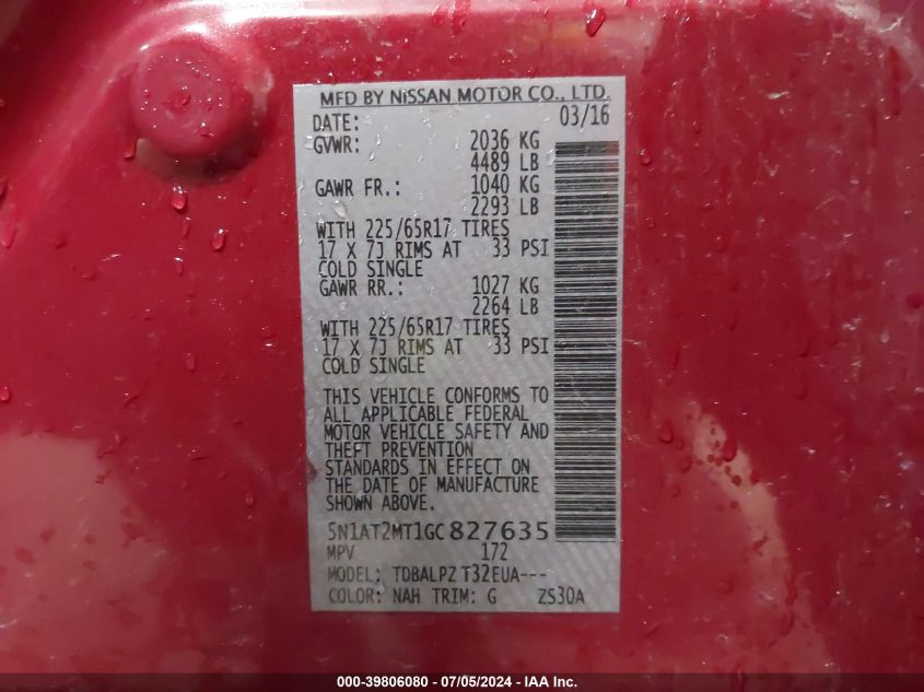2016 Nissan Rogue S/Sl/Sv VIN: 5N1AT2MT1GC827635 Lot: 39806080