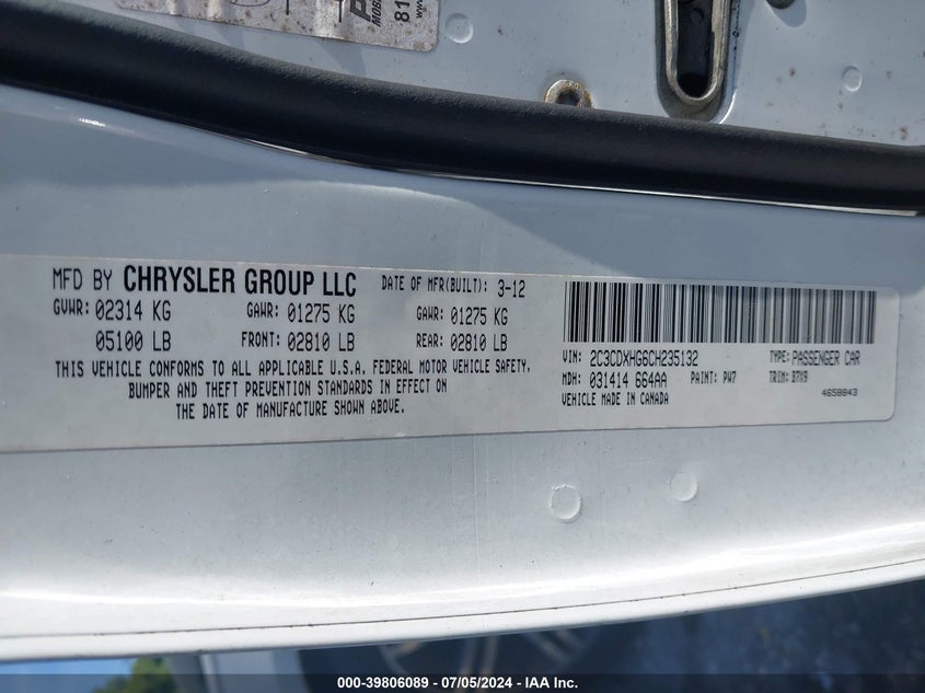 2012 Dodge Charger Sxt VIN: 2C3CDXHG6CH235132 Lot: 39806089