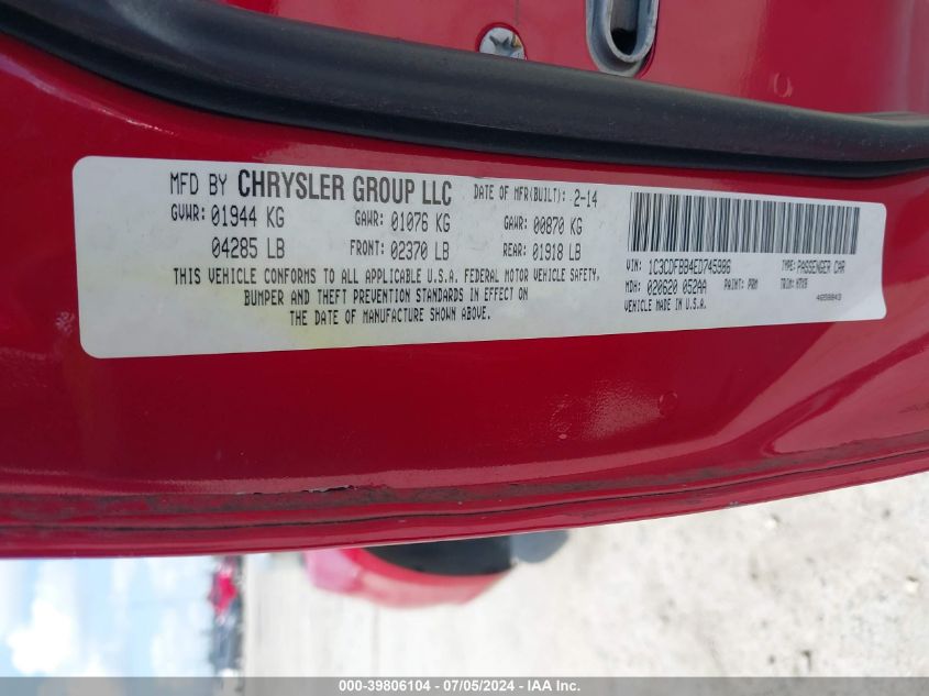 2014 Dodge Dart Sxt VIN: 1C3CDFBB4ED745986 Lot: 39806104