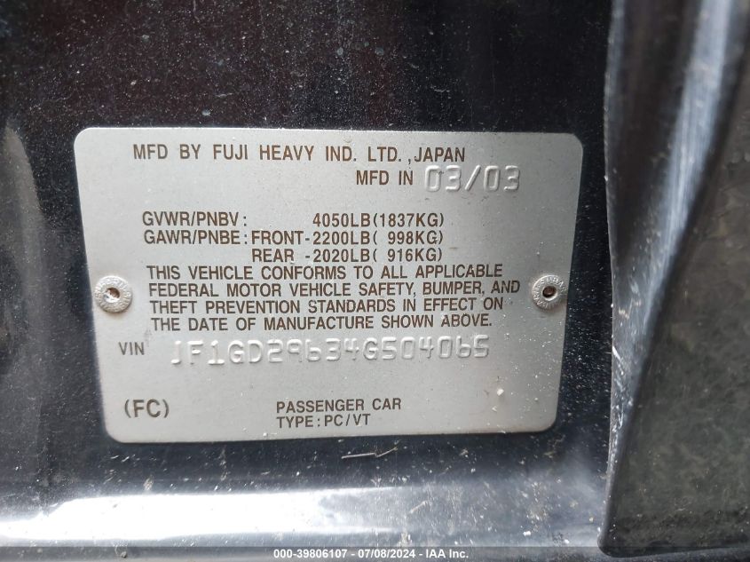 2004 Subaru Impreza Wrx VIN: JF1GD29634G504065 Lot: 39806107
