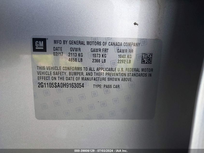 2017 Chevrolet Impala 1Lt VIN: 2G1105SA0H9163054 Lot: 39806129