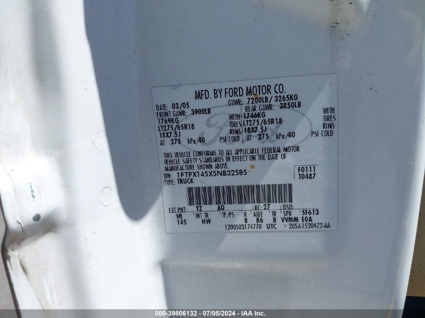 2005 Ford F-150 Fx4/Lariat/Xl/Xlt VIN: 1FTPX145X5NB32585 Lot: 39806132