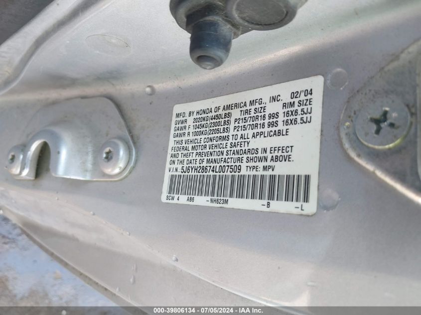 2004 Honda Element Ex VIN: 5J6YH28674L007509 Lot: 39806134