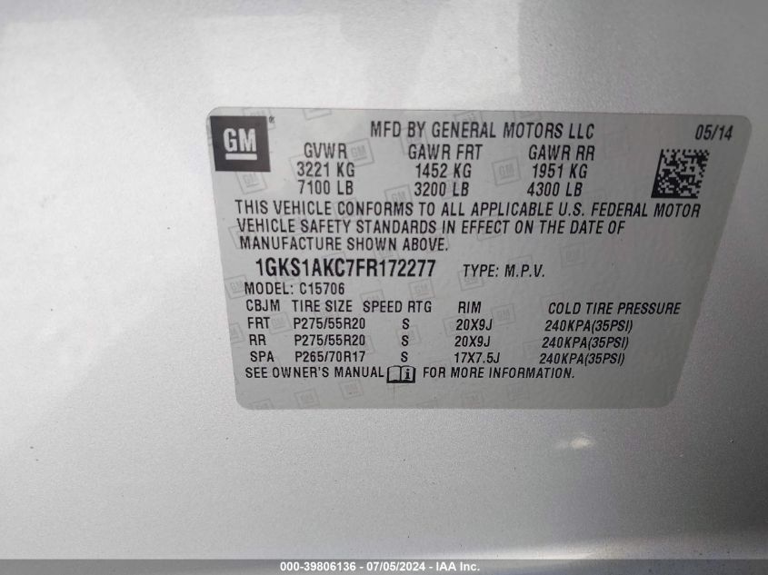 2015 GMC YUKON SLE - 1GKS1AKC7FR172277