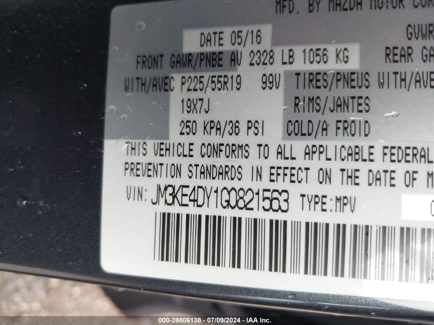 2016 Mazda Cx-5 Grand Touring VIN: JM3KE4DY1G0821563 Lot: 39806138