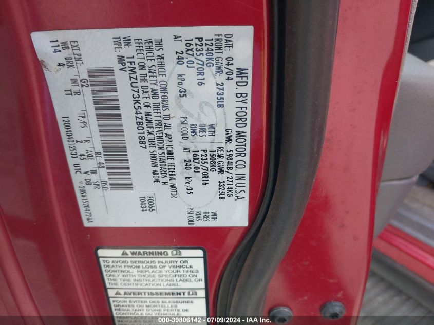 2004 Ford Explorer Xlt/Xlt Sport/Nbx VIN: 1FMZU73K54ZB01887 Lot: 39806142