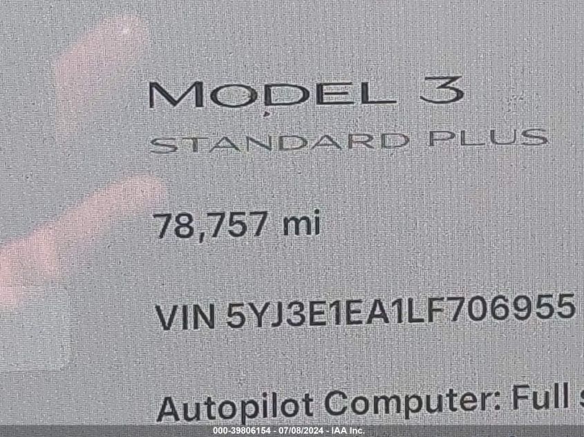 2020 Tesla Model 3 Standard Range Plus Rear-Wheel Drive/Standard Range Rear-Wheel Drive VIN: 5YJ3E1EA1LF706955 Lot: 39806154