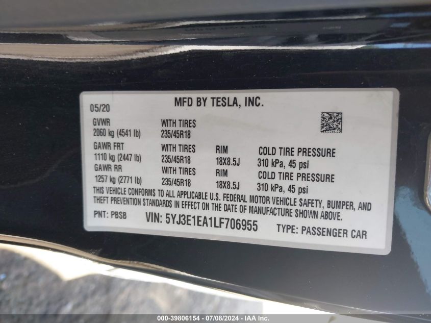 2020 Tesla Model 3 Standard Range Plus Rear-Wheel Drive/Standard Range Rear-Wheel Drive VIN: 5YJ3E1EA1LF706955 Lot: 39806154