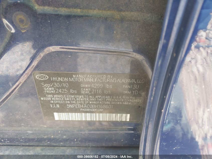 2011 Hyundai Sonata Gls VIN: 5NPEB4AC0BH168601 Lot: 39806182