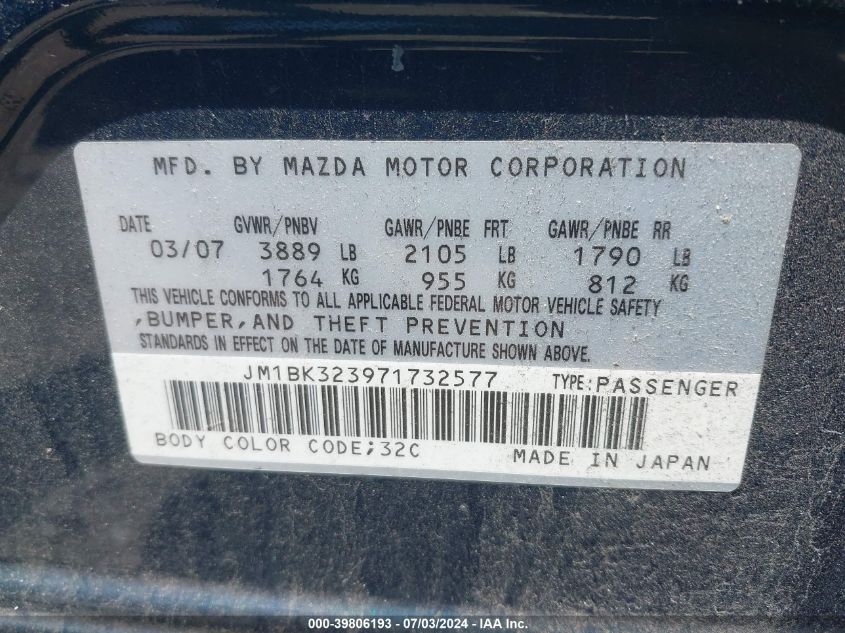 JM1BK323971732577 | 2007 MAZDA MAZDA3