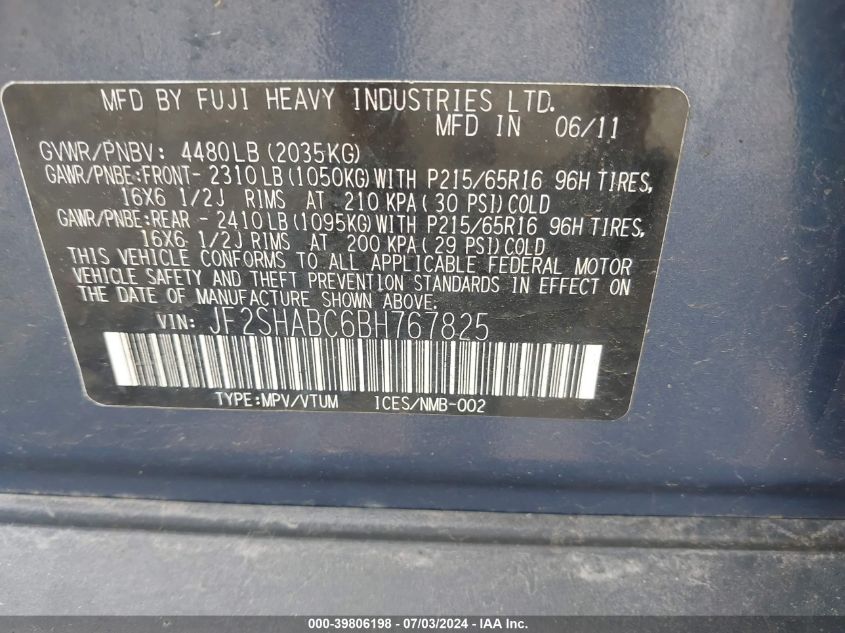 2011 Subaru Forester 2.5X VIN: JF2SHABC6BH767825 Lot: 39806198
