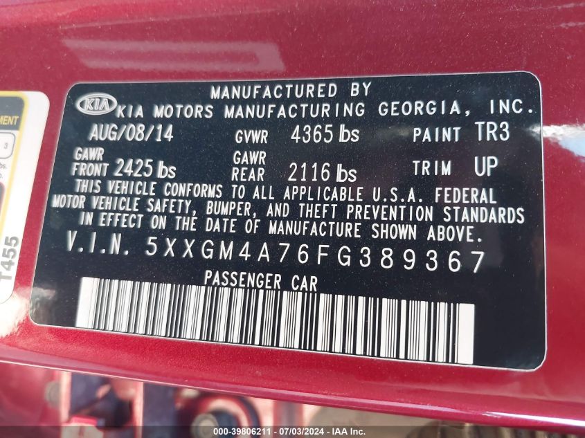 2015 Kia Optima Lx VIN: 5XXGM4A76FG389367 Lot: 39806211