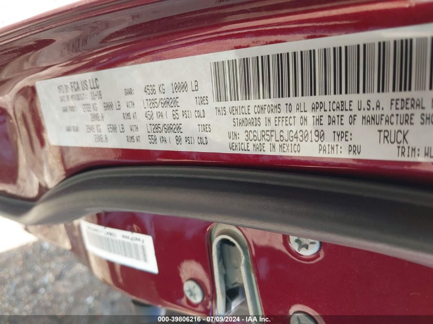 2018 Ram 2500 Laramie VIN: 3C6UR5FL6JG430190 Lot: 39806216