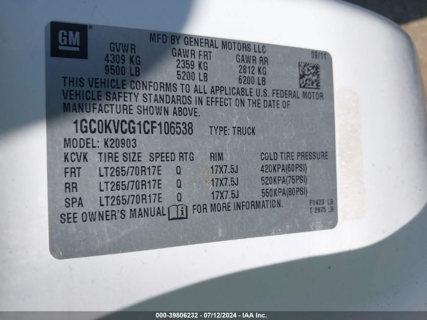 2012 Chevrolet Silverado K2500 Heavy Duty VIN: 1GC0KVCG1CF106538 Lot: 39806232