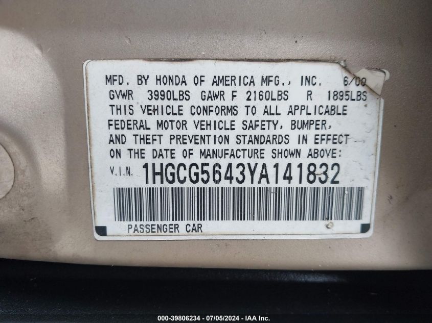 2000 Honda Accord 2.3 Lx VIN: 1HGCG5643YA141832 Lot: 39806234