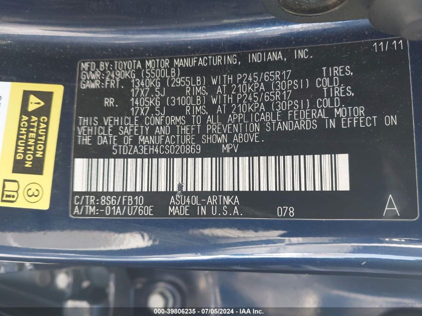 2012 Toyota Highlander VIN: 5TDZA3EH4CS020869 Lot: 39806235