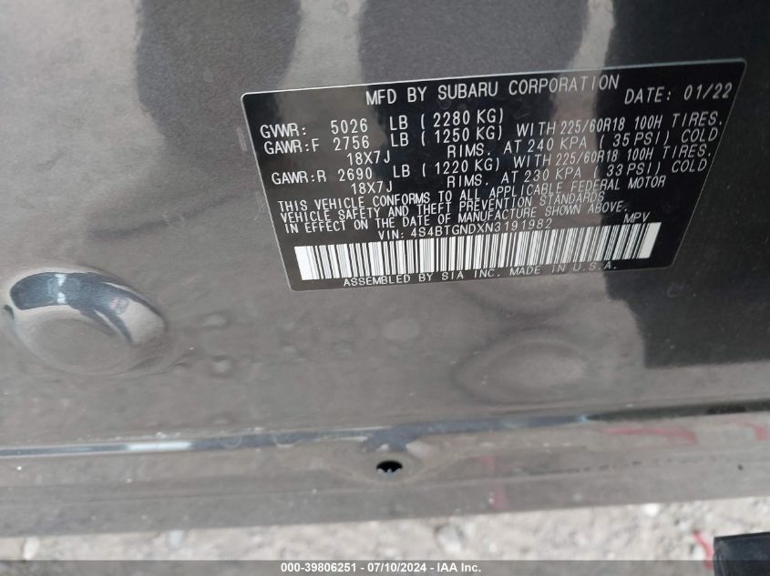 2022 Subaru Outback Limited Xt VIN: 4S4BTGNDXN3191982 Lot: 39806251