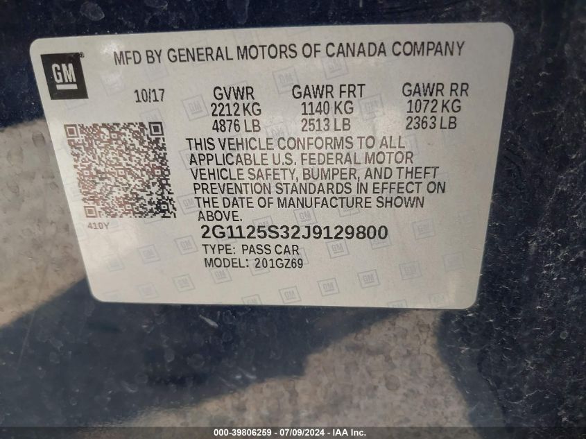 2018 Chevrolet Impala 2Lz VIN: 2G1125S32J9129800 Lot: 39806259