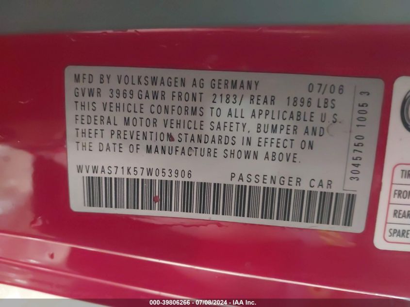 2007 Volkswagen Rabbit 2-Door VIN: WVWAS71K57W053906 Lot: 39806266