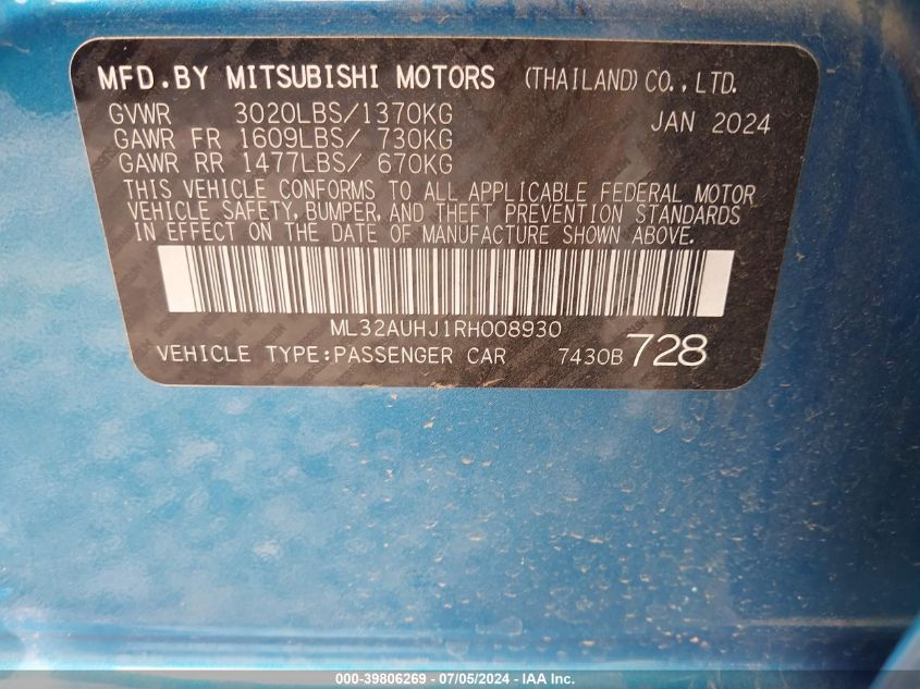 2024 Mitsubishi Mirage Es VIN: ML32AUHJ1RH008930 Lot: 39806269