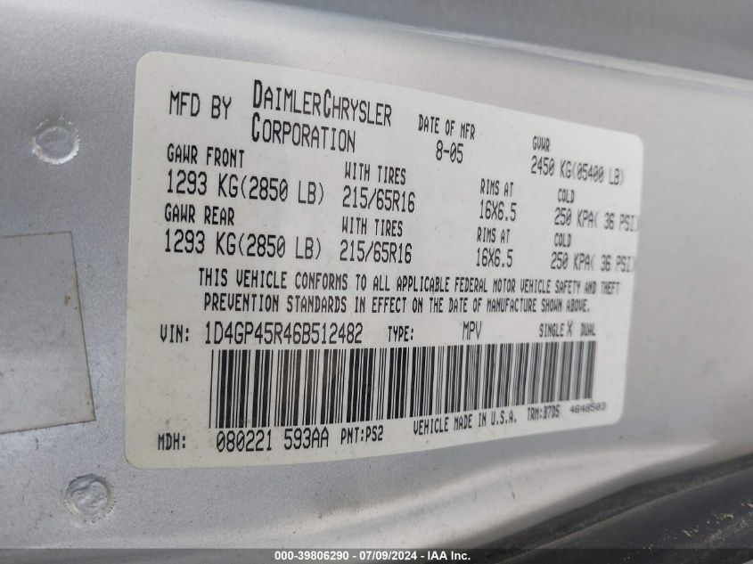 2006 Dodge Caravan Sxt VIN: 1D4GP45R46B512482 Lot: 39806290