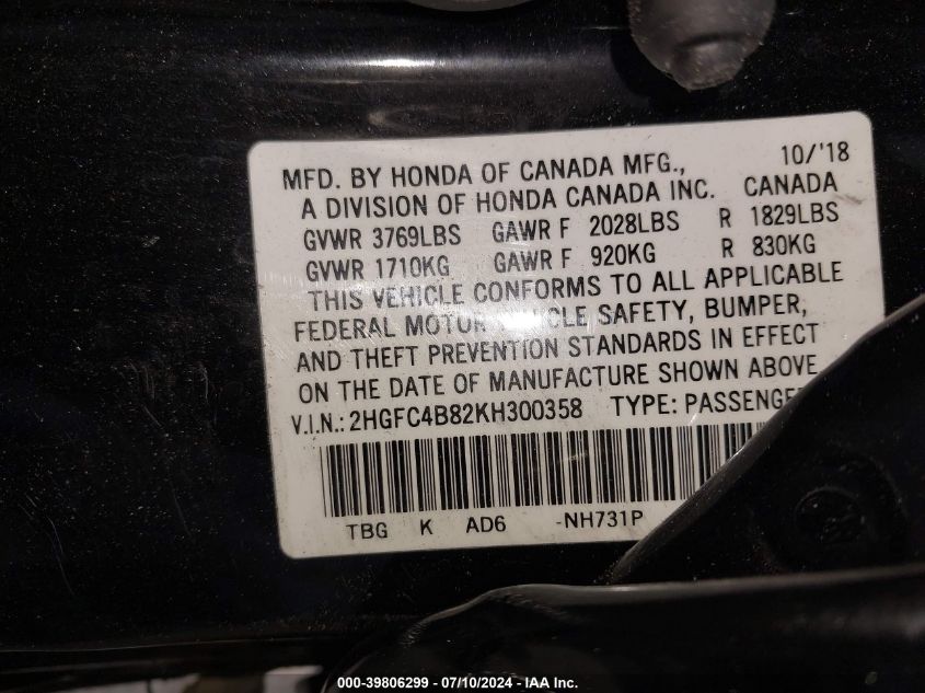 2019 Honda Civic Sport VIN: 2HGFC4B82KH300358 Lot: 39806299