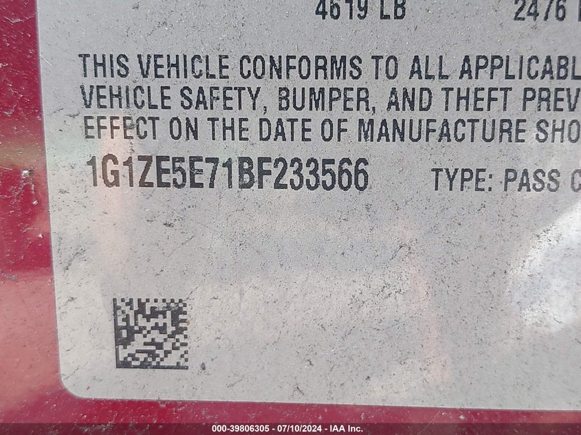 2011 Chevrolet Malibu Ltz VIN: 1G1ZE5E71BF233566 Lot: 39806305