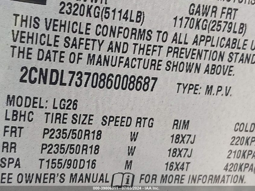 2008 Chevrolet Equinox Sport VIN: 2CNDL737086008687 Lot: 39806311