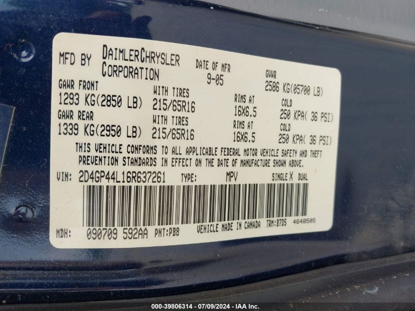 2006 Dodge Grand Caravan Sxt VIN: 2D4GP44L16R637261 Lot: 39806314