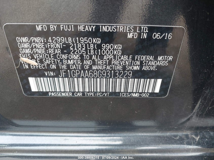 2016 Subaru Impreza 2.0I VIN: JF1GPAA68G9313229 Lot: 39806315