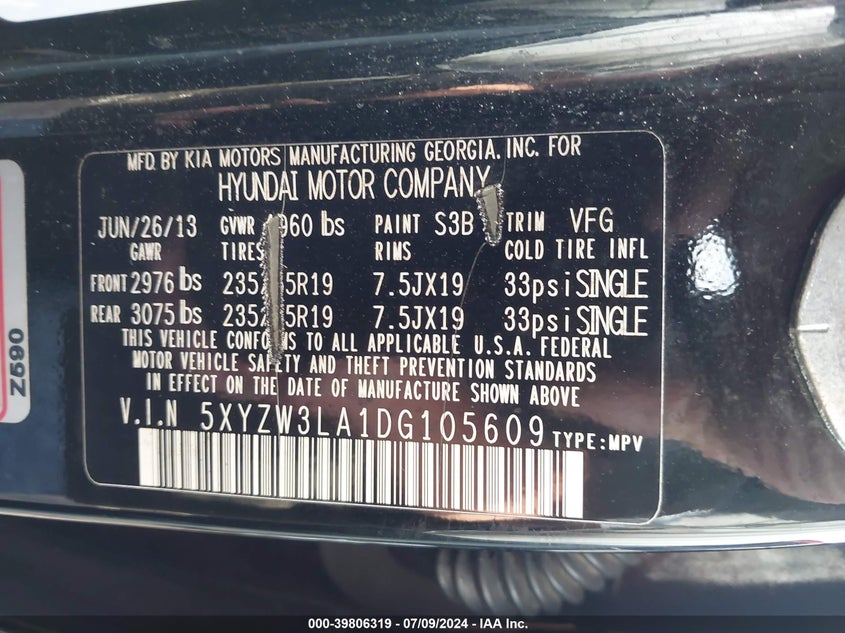 2013 Hyundai Santa Fe Sport VIN: 5XYZW3LA1DG105609 Lot: 39806319