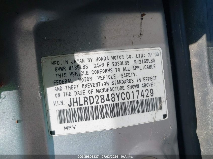 2000 Honda Cr-V Lx VIN: JHLRD2848YC017429 Lot: 39806337