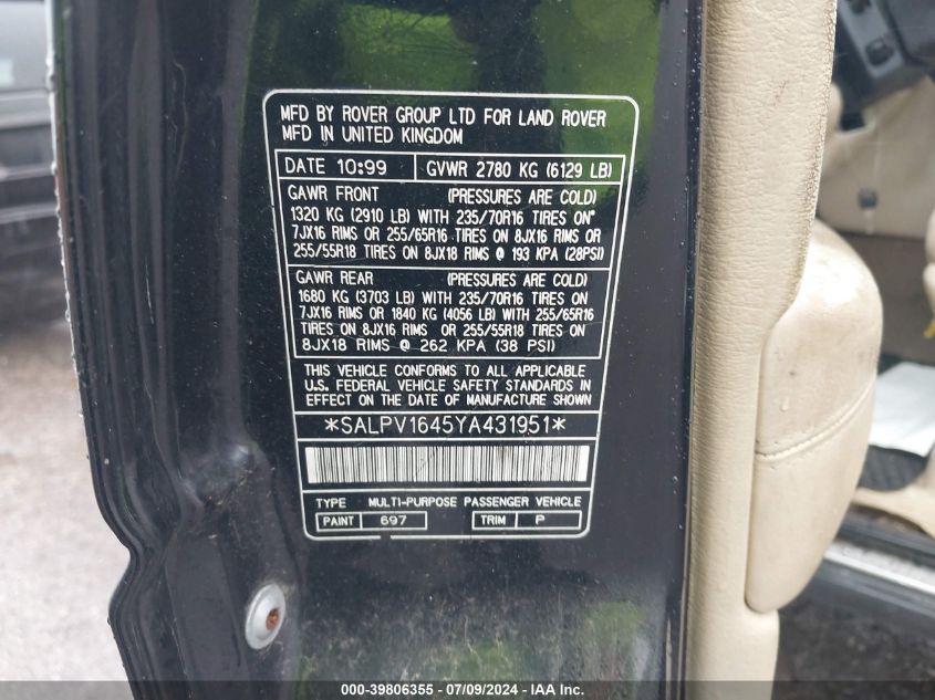 2000 Land Rover Range Rover 4.6 Hse VIN: SALPV1645YA431951 Lot: 39806355