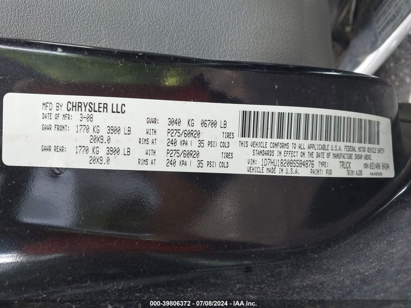 2008 Dodge Ram 1500 St/Slt VIN: 1D7HU18208S584876 Lot: 39806372